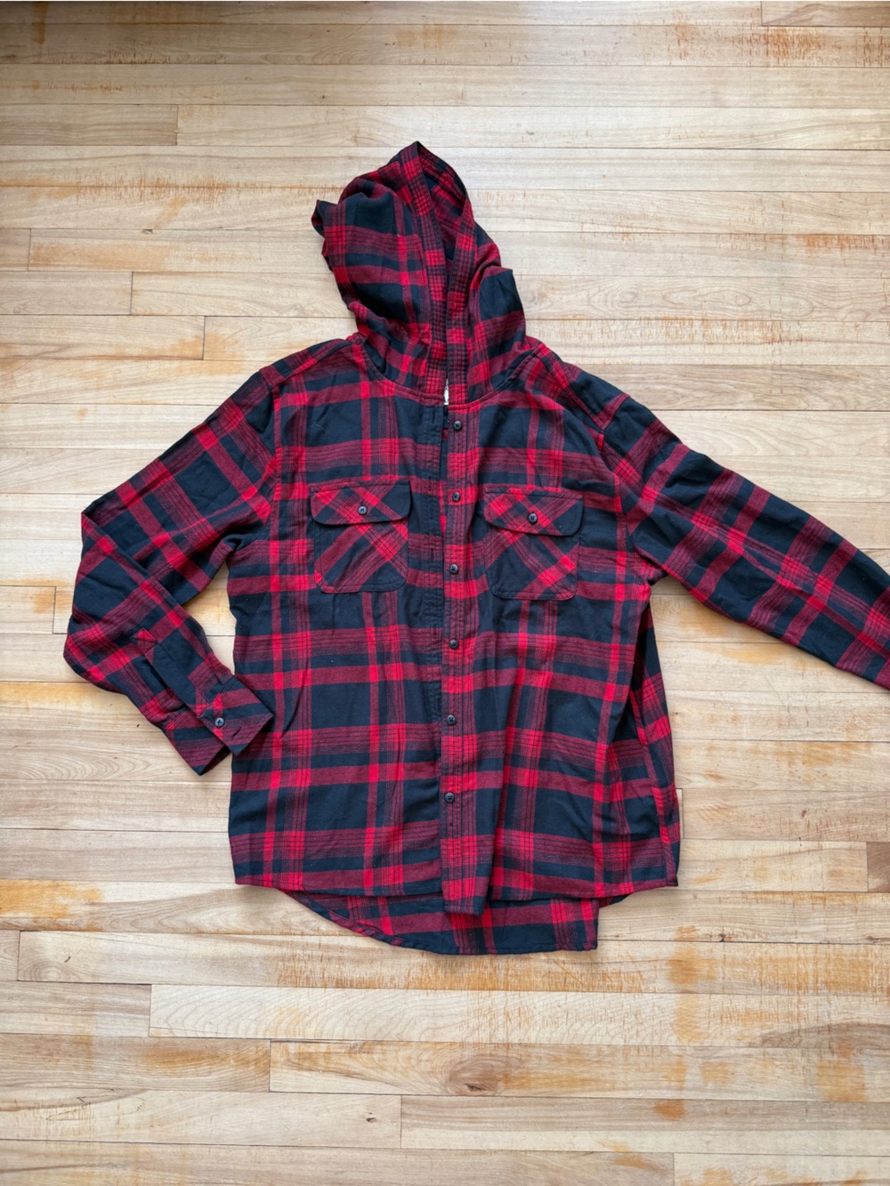 Super Soft Hooded Red & Black Plaid Flannel Shirt
